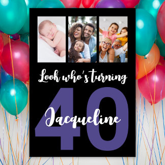Custom 40. Geburtstag Schwarzes Script Foto Collag Einladung