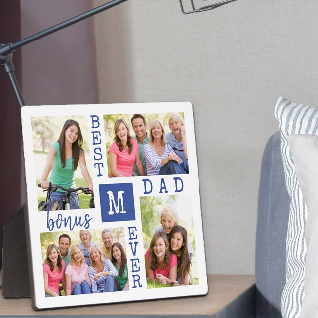 Custom 4 Foto Collage Bester Bonus Vater je blau Fotoplatte (Von Creator hochgeladen)