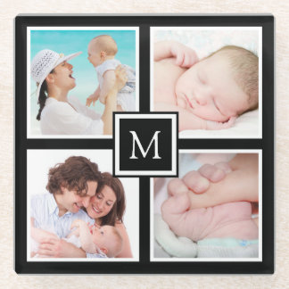 Custom 4 Foto Collage Monogram Black Glasuntersetzer