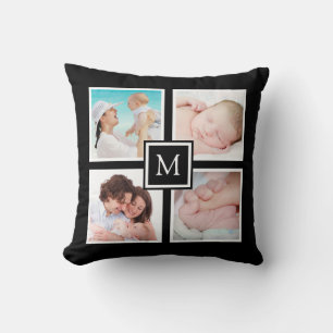 Custom 4 Foto Collage Monogram Black Kissen
