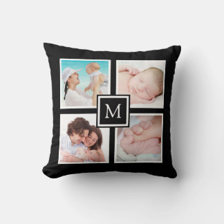 Custom 4 Foto Collage Monogram Black Kissen