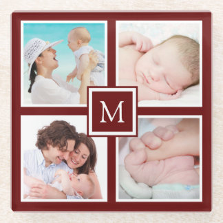 Custom 4 Foto Collage Monogram Burgundy Glasuntersetzer
