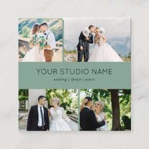 Custom 4 Foto Minimalistisch Fotograf Sage Green Quadratische Visitenkarte