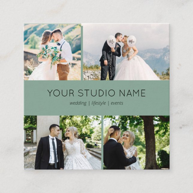 Custom 4 Foto Minimalistisch Fotograf Sage Green Quadratische Visitenkarte (Vorderseite)