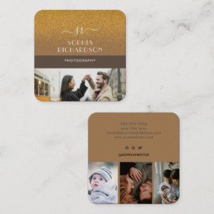 Custom 4 Fotos Gold Glitzer Monogram Brown Quadratische Visitenkarte