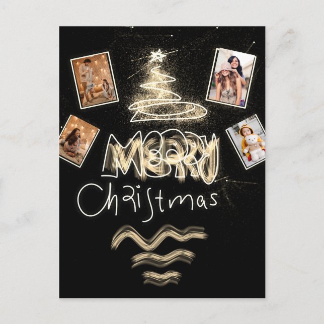 Custom 4 Fotos Holografie Gold Glitzer Tree Postkarte (Vorderseite)