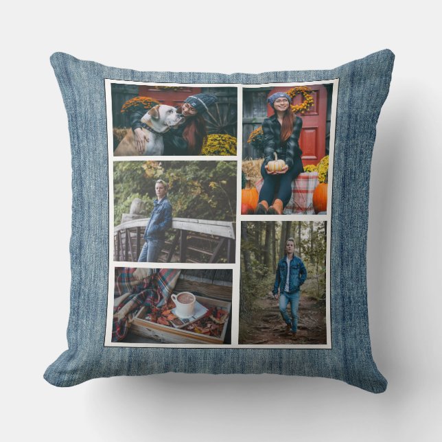 Custom /5 Foto Collage Denim Blue Jeans Kissen (Vorderseite)