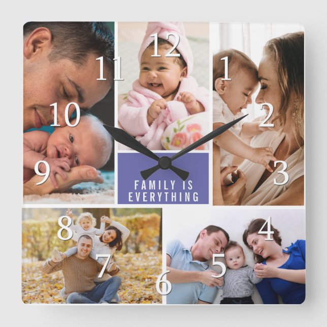 Custom 5 Foto Collage Family Quote Periwinkle Quadratische Wanduhr (Vorderseite)