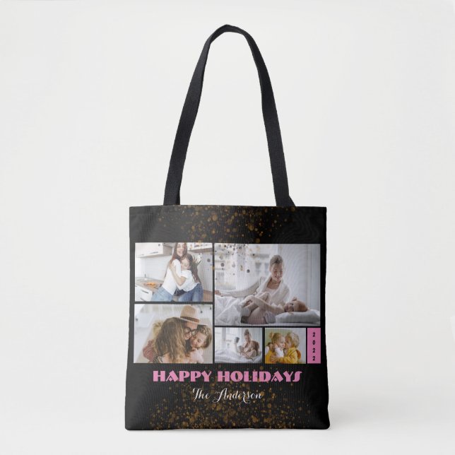 Custom 5 Foto Rosa und Schwarz Urlaub Tasche (Vorderseite)