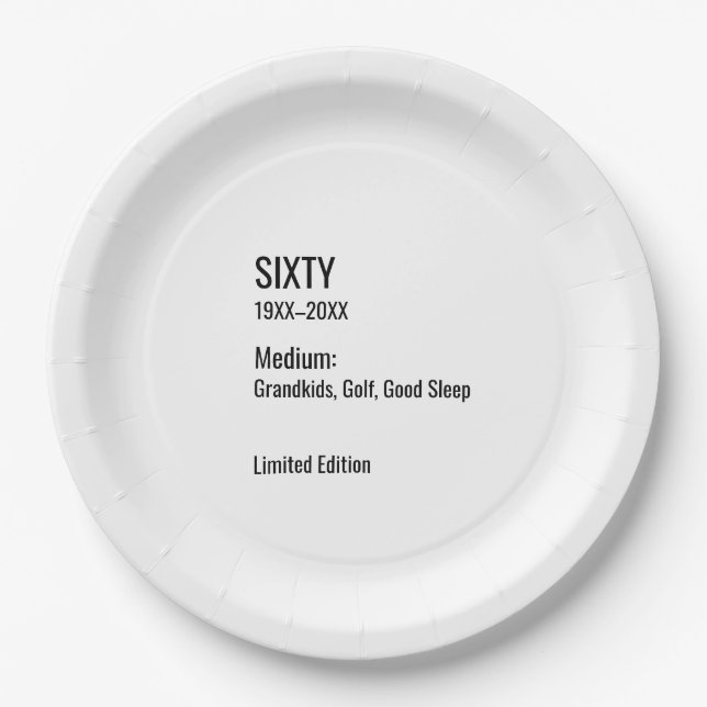 Custom 60th Birthday Funny Museum Label Chic Pappteller (Vorderseite)