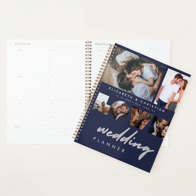 Custom 6 Fotos Navy Blue Liebe Script Hochzeit Planer (Anzeige)