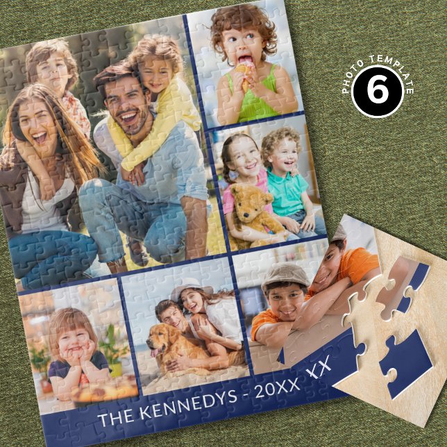 Custom 6 Photo Collage Family Name Minimalist Blue (Von Creator hochgeladen)