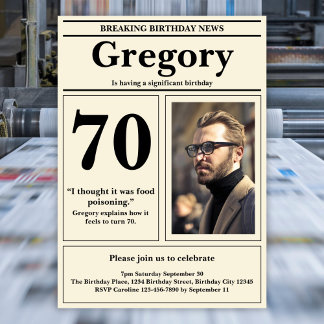 Custom 70. Geburtstag Funny Zitat Retro Zeitung Einladung