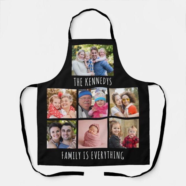 Custom 7 Photo Collage Family Name Quote Black Schürze (Vorderseite)