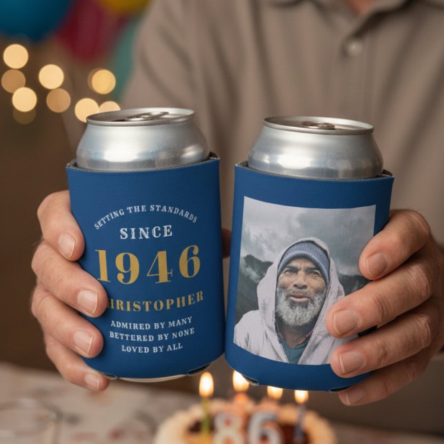 Custom 80th Birthday Blue Gold With Photo Dosenkühler (80th birthday can coolers showing front and rear.)