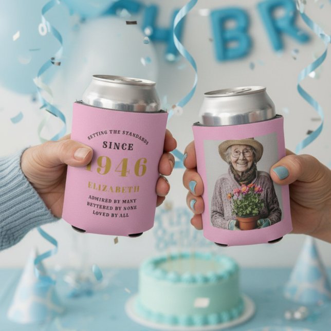 Custom 80th Birthday Pink Gold With Photo Dosenkühler (80th birthday pink can cooler showing front and rear)