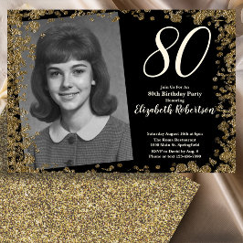 Custom 80th Photo Black and Gold Sequins Einladung