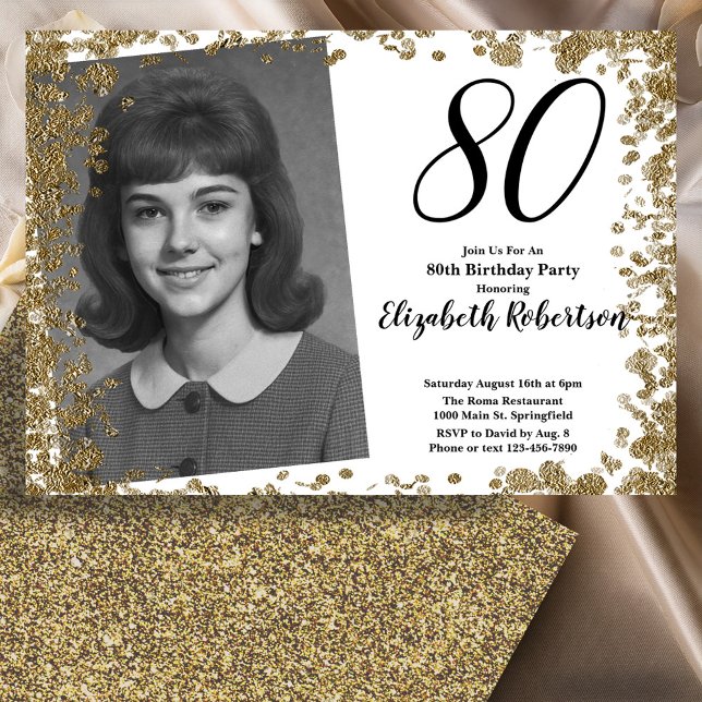 Custom 80th Photo Black and Gold Sequins Einladung (Von Creator hochgeladen)