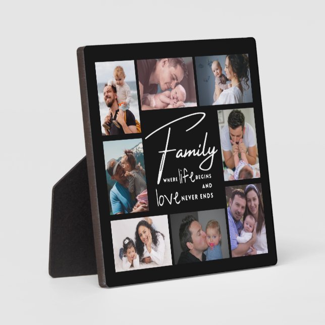 Custom 8 Foto Collage Family Liebe Zitat Schwarz Fotoplatte (Vorderseite)