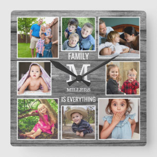 Custom 8 Foto Collage Family Monogram Graues Holz Quadratische Wanduhr