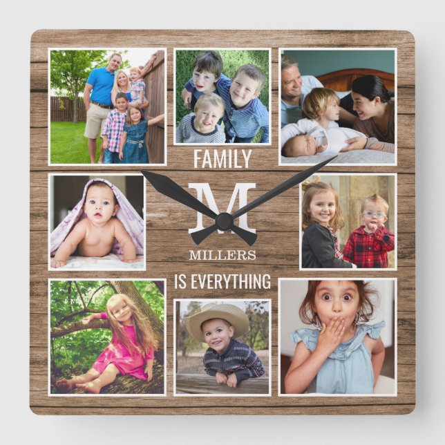 Custom 8 Foto Collage Family Monogram Rustic Wood Quadratische Wanduhr (Vorderseite)
