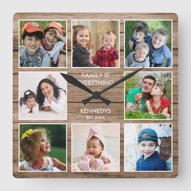 Custom 8 Foto Collage Family Quote reclased Holz Quadratische Wanduhr (Vorderseite)