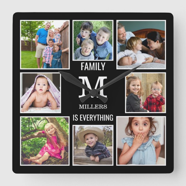 Custom 8 Photo Collage Family Monogram Black Quadratische Wanduhr (Vorderseite)