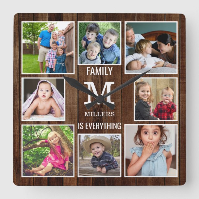 Custom 8 Photo Collage Family Monogram Brown Wood Quadratische Wanduhr (Vorderseite)