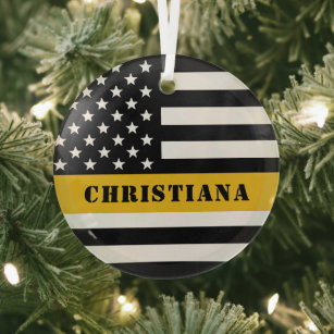 Custom 911 Dispatcher USA Flag Thin Gold Line Ornament Aus Glas