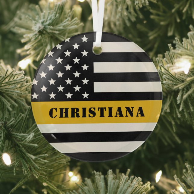 Custom 911 Dispatcher USA Flag Thin Gold Line Ornament Aus Glas (InSitu)