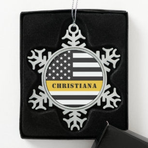 Custom 911 Dispatcher USA Flag Thin Gold Line Schneeflocken Zinn-Ornament
