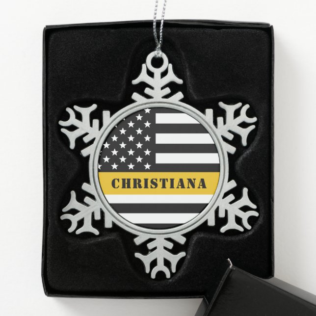 Custom 911 Dispatcher USA Flag Thin Gold Line Schneeflocken Zinn-Ornament (Box)