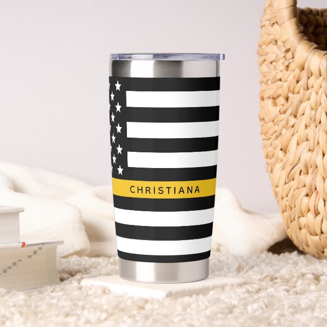 Custom 911 Dispatcher USA Flag Thin Gold Line Thermobecher (Wohnzimmer)