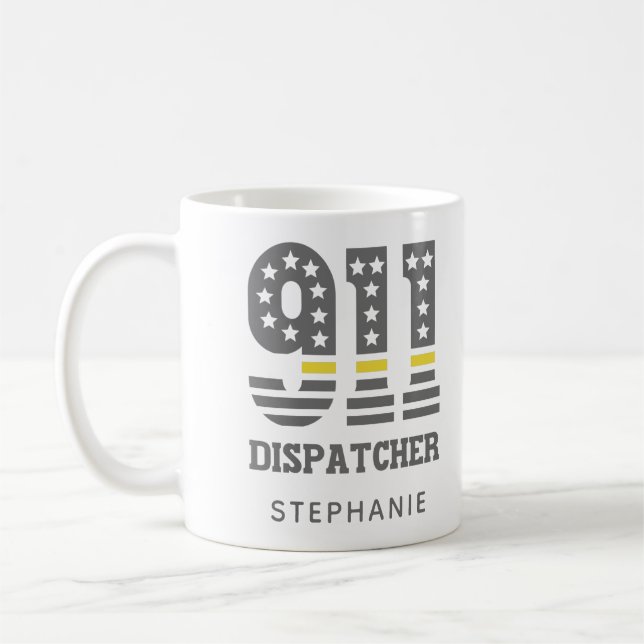 Custom 911 Dispatcher USA Flag Thin Yellow Line Kaffeetasse (Links)