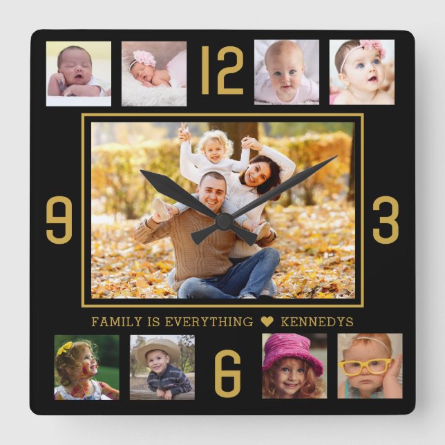 Custom 9 Photo Collage Family Quote Black And Gold Quadratische Wanduhr (Vorderseite)