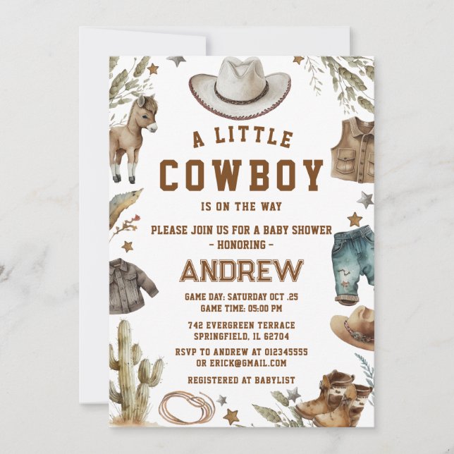 Custom A Little Cowboy Baby shower Invitation (Devant)