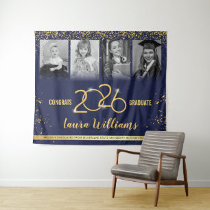 Custom Abschluss Banner Foto Collage Blue Gold Wandteppich