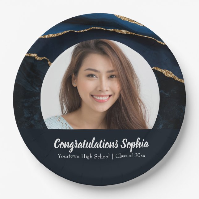 Custom Abschluss Foto Marble Agate Blue Pappteller (Vorderseite)