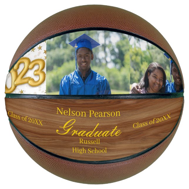 Custom Abschluss Fotos Gold Name Wood Basketball (Vorderseite)