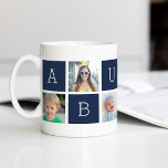 Custom Abuelo Großvater Foto Collage Kaffeetasse<br><div class="desc">Schaffen Sie einen süßen Sake für einen geliebten Großvater an diesem Tag des Vaters oder Großelterntags mit diesem einfachen Design, das sechs Ihrer Lieblings-Instagram-Fotos enthält, geordnet in einem Collage-Layout mit abwechselnden Quadraten in marineblau und mit der Aufschrift "Abuelo". Personalisieren Sie Ihre Lieblingssendungen mit den Fotos seiner Enkelkinder für ein wertvolles...</div>