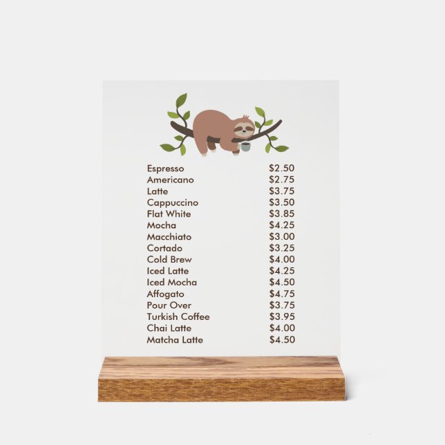 Custom Acrylic Pedestal Menu Sign with Sloth  Acrylschild (Vorderseite)