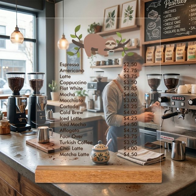 Custom Acrylic Pedestal Menu Sign with Sloth  Acrylschild (Von Creator hochgeladen)