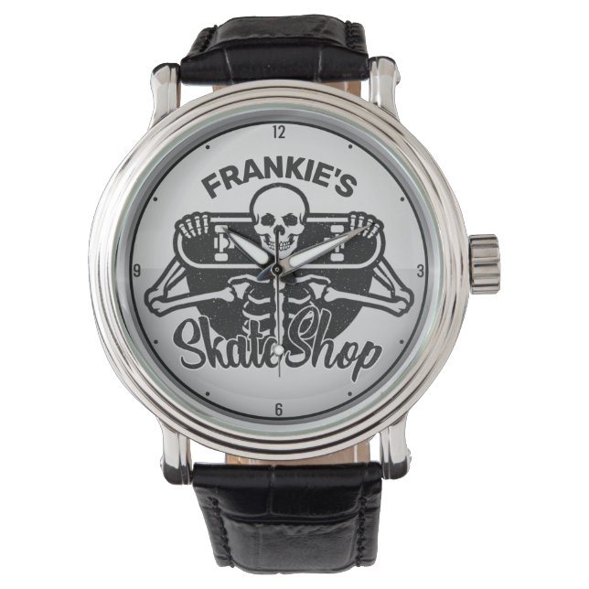 Custom ADD NAME Skull Skateboard Skate Shop Armbanduhr (Vorderseite)
