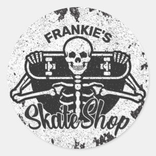 Custom ADD NAME Skull Skateboard Skate Shop Runder Aufkleber