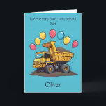 Custom Adorable Dump Truck Son Birthday Gedicht Ca Ankündigung<br><div class="desc">Machen Sie mit dieser personalisierten Geburtstagskarte Ihrem Sohn einen besonderen Tag - mit einem glücklichen Müllwagen, festlichen Ballons und seinem Namen vorne! Verwenden Sie das Design-Tool, um den Namen, das Alter und das Gedicht auf der Innenseite anzupassen. Diese fröhliche, farbenfrohe Karte passt perfekt zu Ihrem Liebsten - und eine durchdachte,...</div>