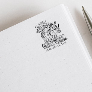 Custom African Rhinoceros Ex Libris Buchzeichen Gummistempel
