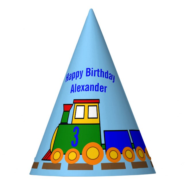 Custom Age and Name Boy's Happy Birthday Train Partyhütchen (Vorderseite)