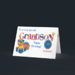 Custom Age Grandsons Geburtstag schenkt Word Art C Feiertagskarte<br><div class="desc">Eine bunt gefärbte Geburtstagskarte für einen Enkel, den Sie mit seinem Alter anpassen können. Geeignet für einen Enkel jeden Alters ist der Empfang auf der Vorderseite: "Zu einem ganz besonderen Grandson" und "Zum Geburtstag glücklich!" mit dem Wort "Grandson" in großen Buchstaben, gefüllt mit Stern, Polka Punkt, Zickzack und gestreifte Muster...</div>