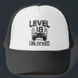 Custom Age Level 18 Unlocked Birthday Gamer  Truckerkappe<br><div class="desc">Celebrate a special birthday with this fun "Level Unlocked" Hat! Perfect for gamers and video game lovers,  this hat makes a great birthday gift to  celebrate leveling up in life. You can customize the number on the design making it perfect for any age.</div>