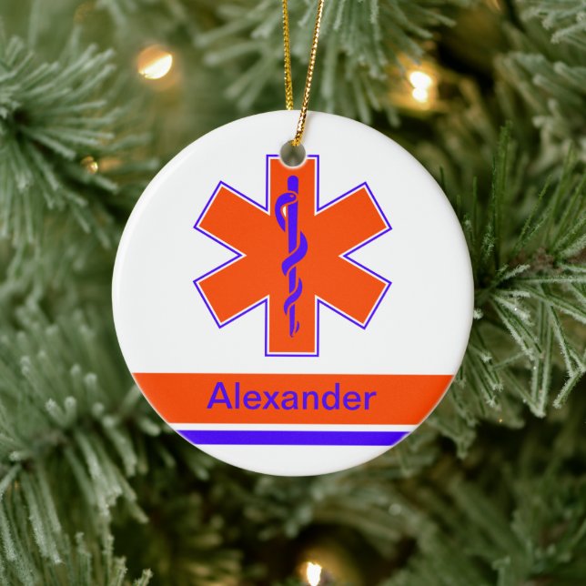 Custom Ambulance Orange und Blue Star of Life Keramikornament (Baum)